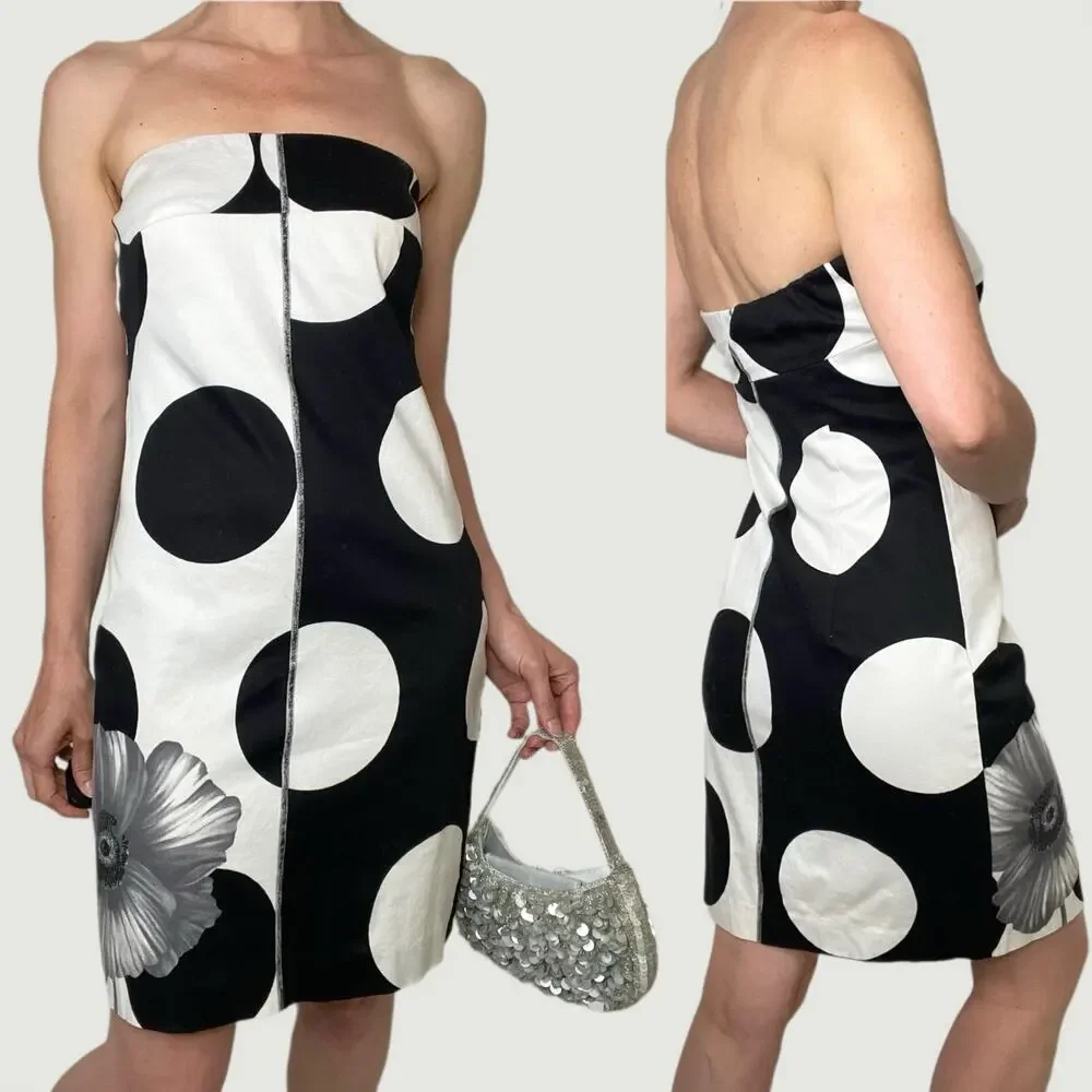 Cache strapless polka dot flower mini dress white black floral vintage Y2K 4 - Picture 3 of 16